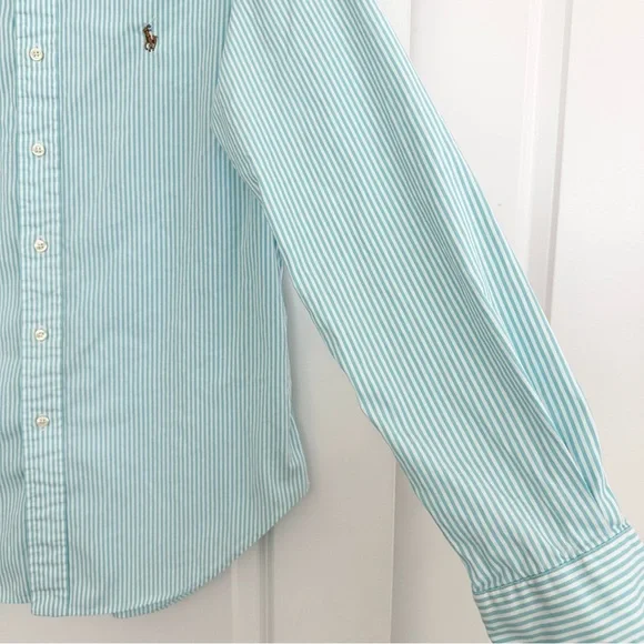 Ralph Lauren Oversized Fit Blue / Green & White Striped Button-Down Oxford Shirt - Picture 9 of 16